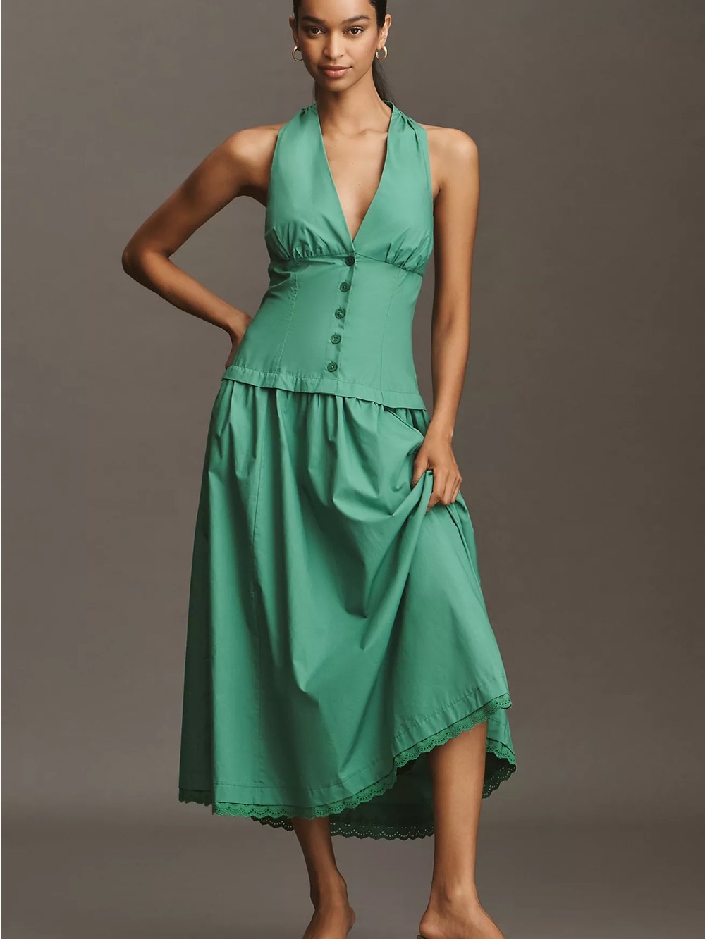 Maeve halter V-neck drop-waist midi dress in green